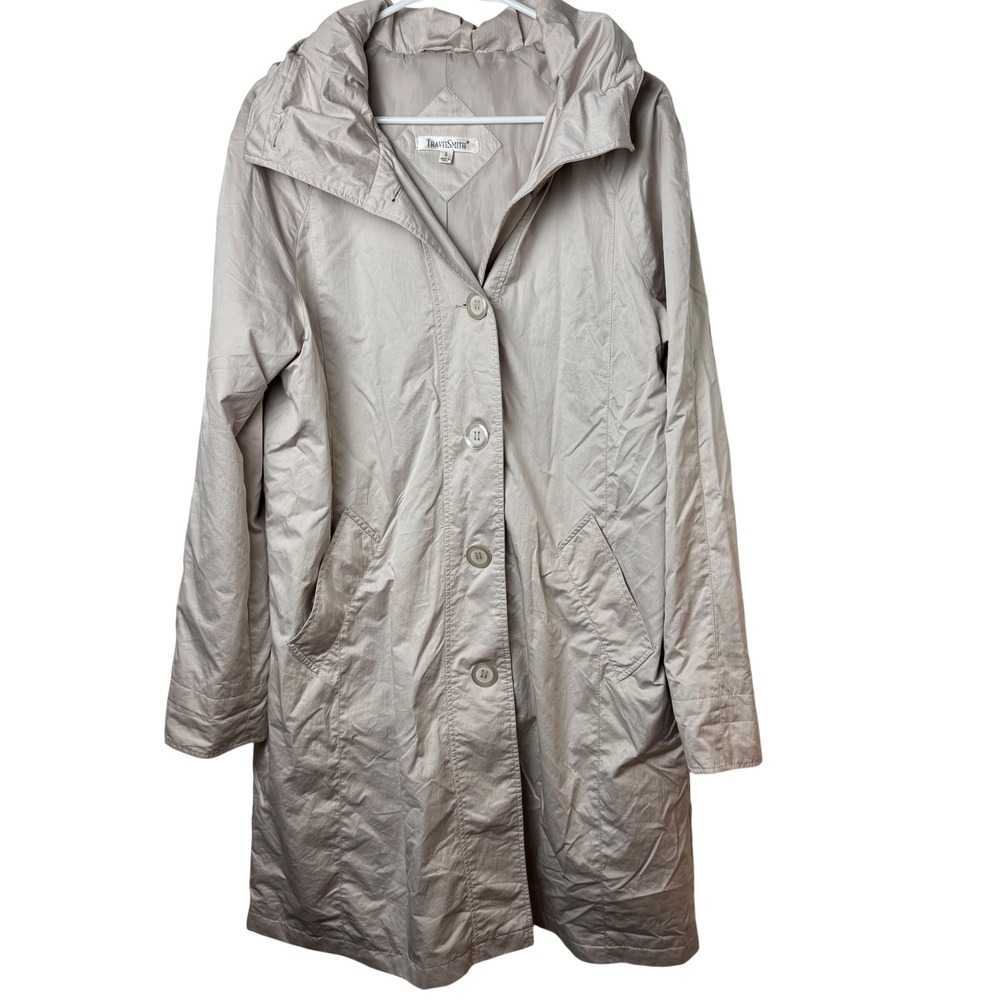 TravelSmith Trench Coat Womens S Beige Hooded Lightweight Button Up